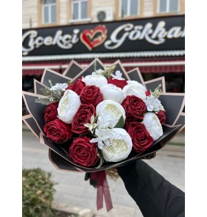 Yapay Kırmızı Beyaz Gül Şakayık Buketi